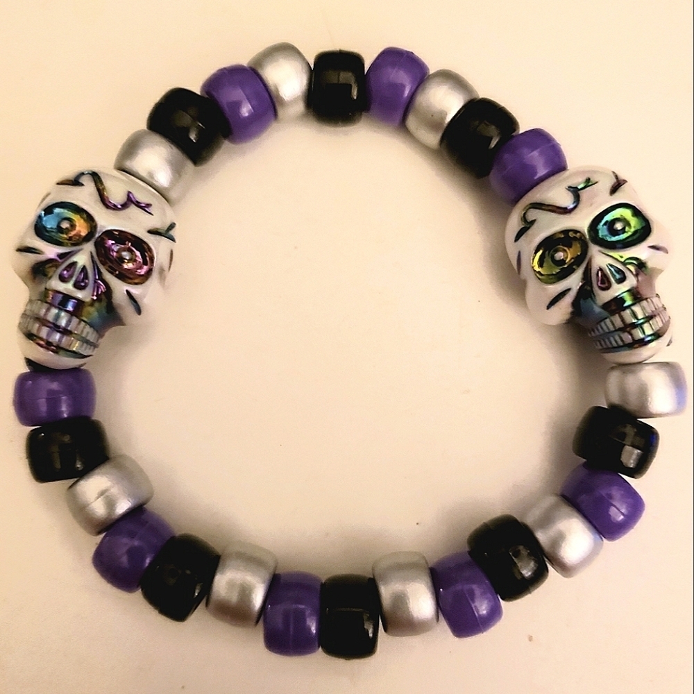 Handmade Purple Silver Black Skull kandi bracelet